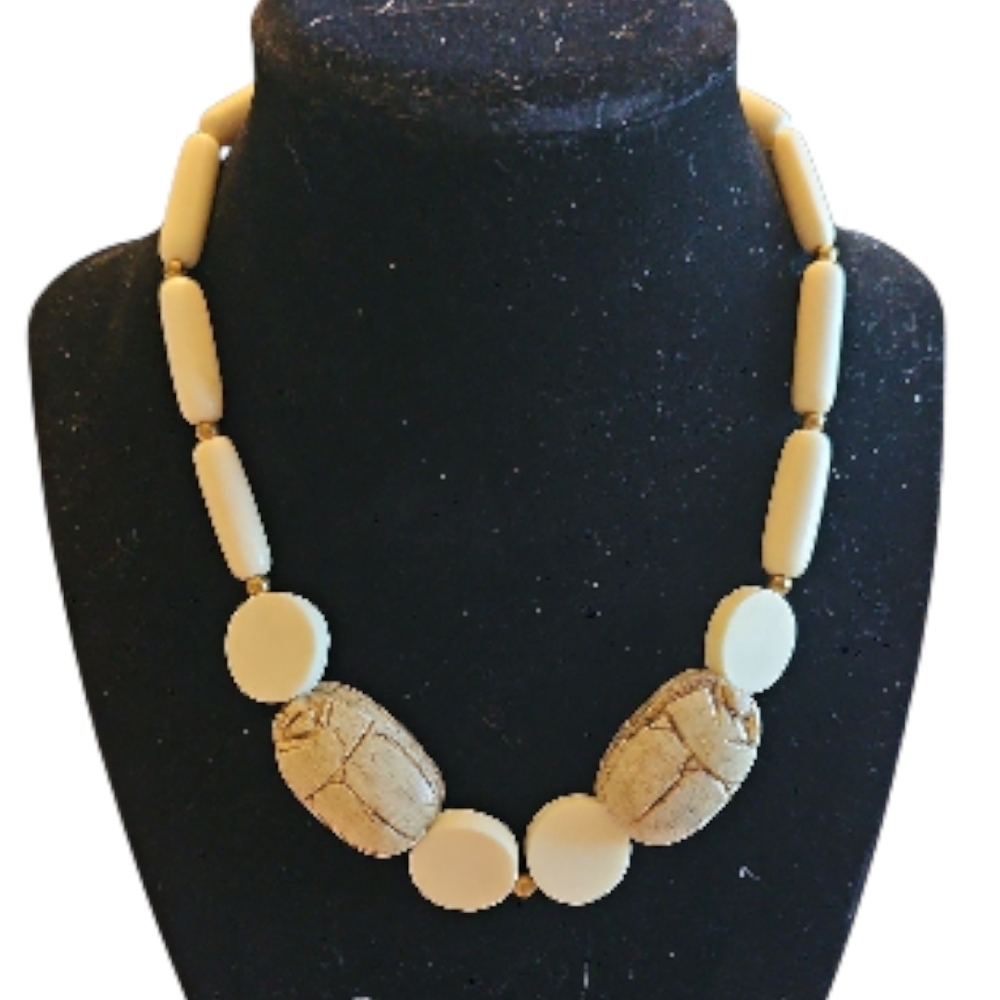 Vintage (80s) Egyptian Carved Scarab Bone Necklace